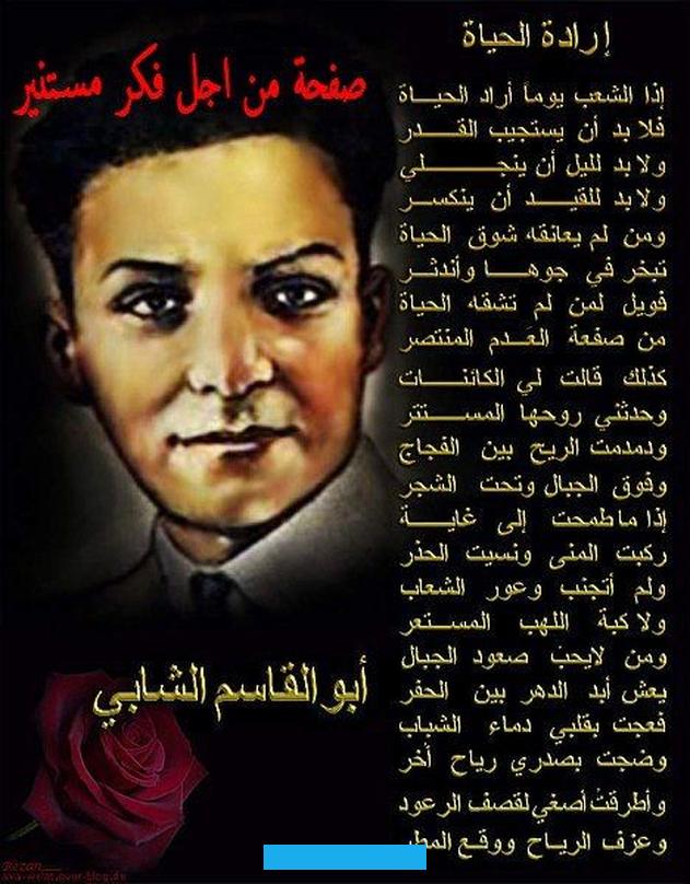 المتخاذل المتكاسل عن نصرة بلاده و يقول ابو القاسم الشابي :ألا انهض و سر في سبيل الحياة ++ فمن نام لم تنتظره الحياة و. ينتقض الشابي الارادة السلبية التي ميزت ابناء وطنه زمن الاستعمار فقد كان معظمهم ينظر الى المستعمر بآعتباره قضاء و قدرا و. قد ولد ذلك غياب الارادة و انتقاص الذات اليس هو القائل:اذا الشعب يوما اراد الحياة ++ فلا بد ان يستجيب القدر و يقابل.