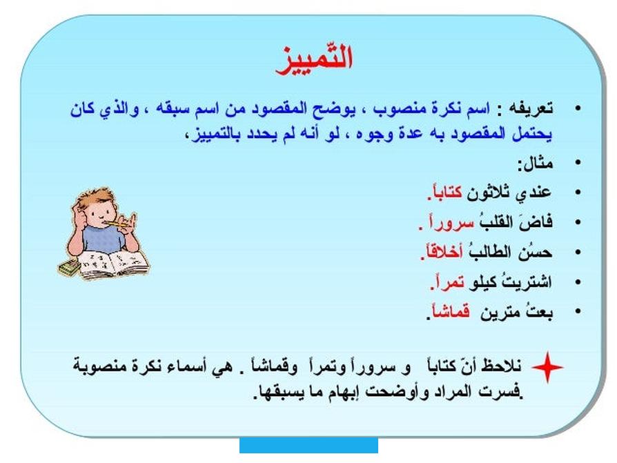 فكلمة حليبًا هي التّمييز. إذ ميّزت ووضّحت الغموض الواقع في كلمة "لترًا" إذ قد يكون هذا الليتر أشياءً كثيرة.[٢]للاسم المبهم عدّة أنواع.