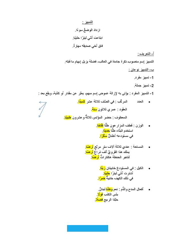 وكأين وكذا" وذلك على نحو: كمكتابًاقرأت؟ما يدلّ على المقاديريكون التمييز في هذا النوع لفظًا دالًّا على مقدار معيّن. فالمقدار هو ما يقدّر بالآلة من مساحةٍ أو وزن أو كيل أو مقياس.